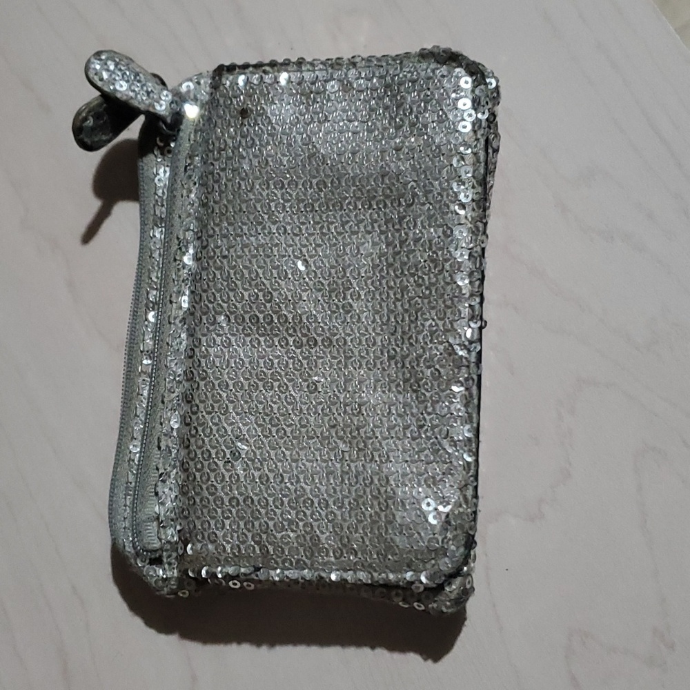 Silver quality sequins wallet 2 zipper compartments 3 slit pockets ID slot